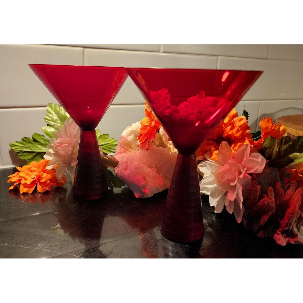 Vintage Mikasa Ruby Red Martini Glasses Set of 2 Ribbed Cone Stem Cranberry - Picture 2 of 6